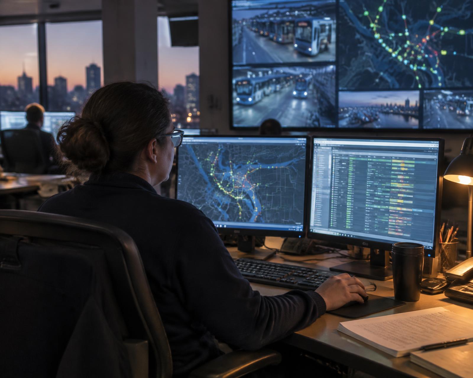 A dispatcher working at two monitors in a transit operations centre